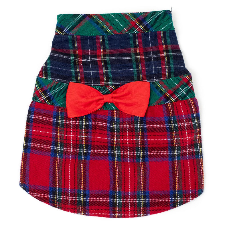 Plaid dog dress with a red bow on a white background