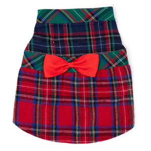 Plaid dog dress with a red bow on a white background