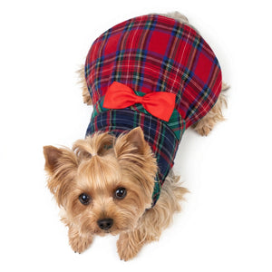 Dog waring plaid dog dress with a red bow on a white background