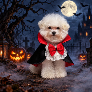 A small white dog wearing a vampire costume with a black cape, red collar, and red bow, sitting on a white surface against a blue-gray paneled wall.