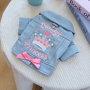 Light blue denim jacket with 'Daddy's Princess' embroidery on a textured surface.