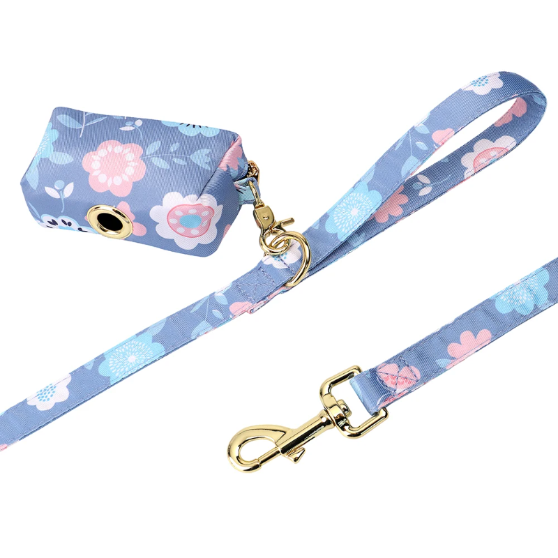 Purple Daisy Dog Collar Harness Leash & Poo Bag Set 