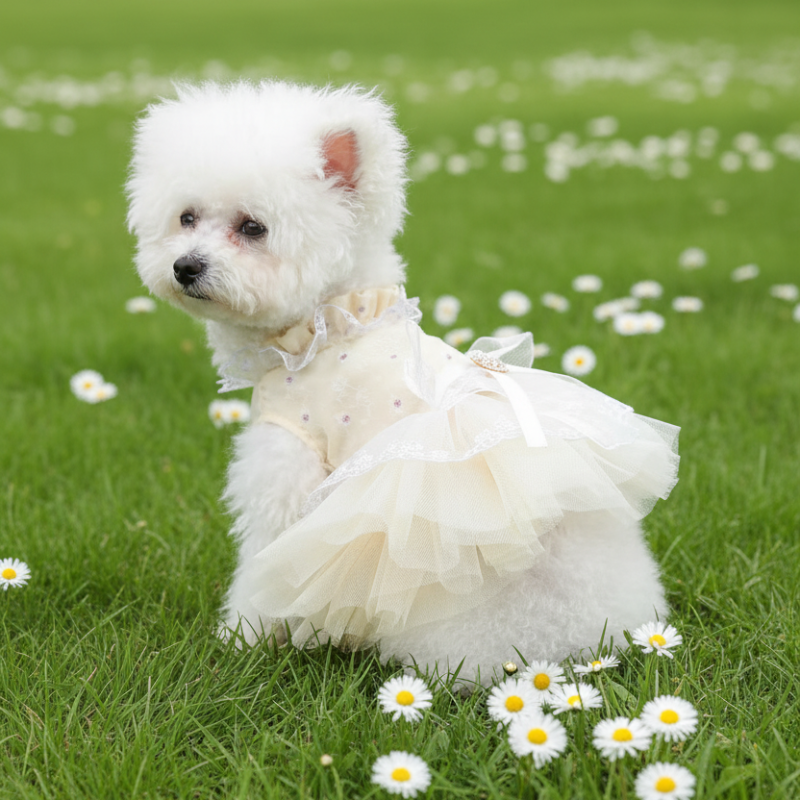 Dainty daisy tutu dog dress on a mannequin
