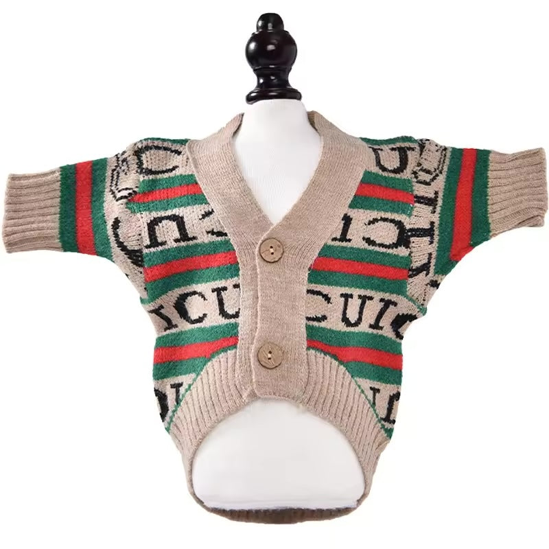 Designer Inspired Gucci Dog Sweater is Beighe with green and red stripes