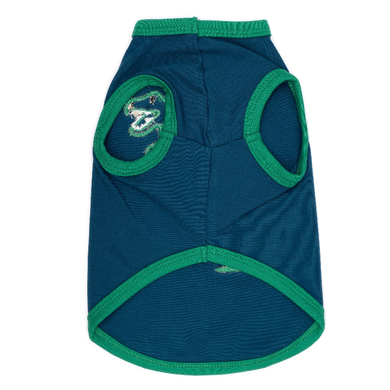 Blue pet shirt with a green dinosaur design on a white background