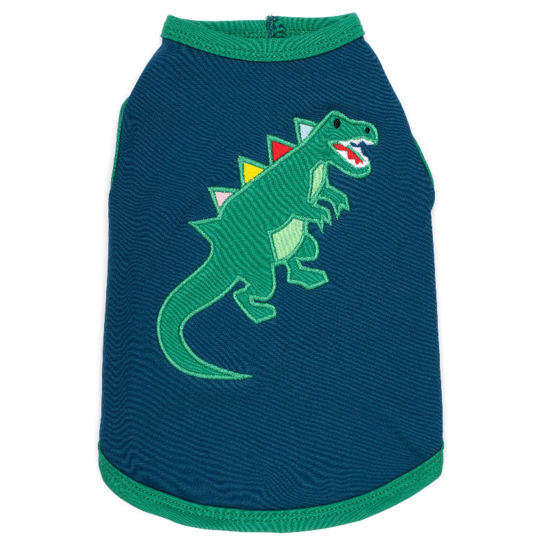 Blue pet shirt with a green dinosaur design on a white background