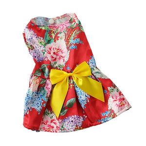 Red Floral Party Dog Dress has a yellow bow