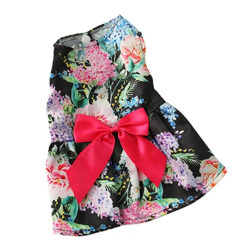 Black Floral Dog Party Dres with Hot Pink Bow