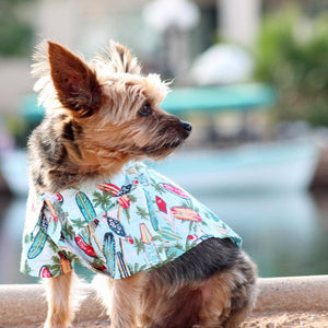 Yorkie in Doggie Design - Hawaiian Camp Shirt - Surfboards and Palms