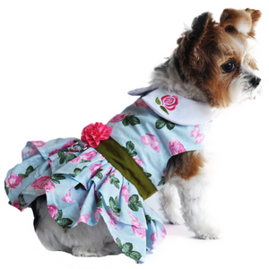 Puppy wearing Doggie Design - Pink Rose Dog Harness Dress w/ Matching Leash