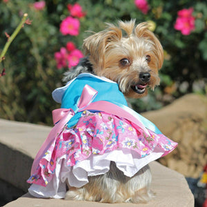 Yorkie in Doggie Design - Pink and Blue Plumeria Floral Dog Harness Dress w/ Matching Leash