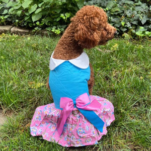 Poodle in Doggie Design - Pink and Blue Plumeria Floral Dog Harness Dress w/ Matching Leash