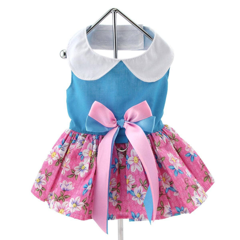 Doggie Design - Pink and Blue Plumeria Floral Dog Harness Dress w/ Matching Leash