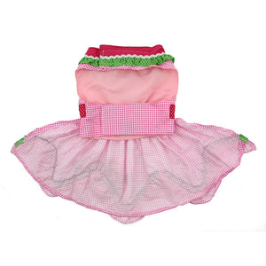 Dress has adjustable Velcro straps at neck and waist.