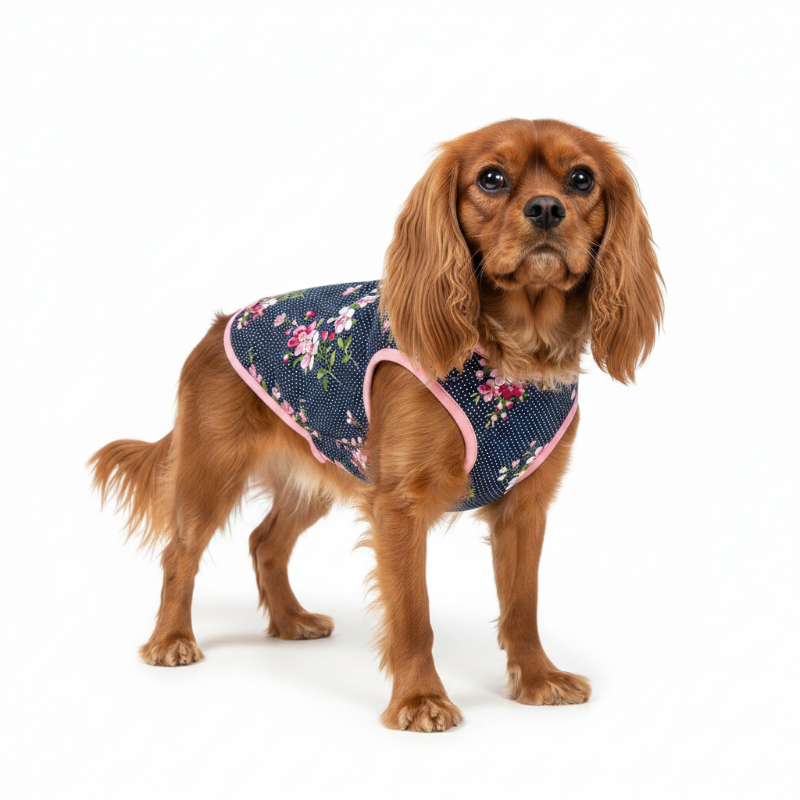 Navy Floral-patterned dog puffer coat with pink flowers and white polka dots.