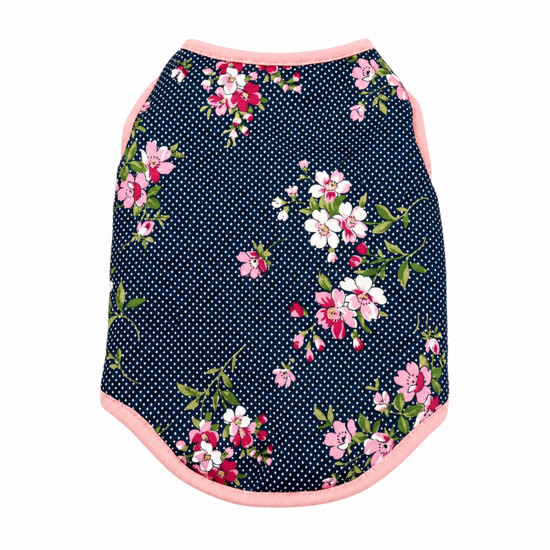 Navy Floral-patterned dog puffer coat with pink flowers and white polka dots.