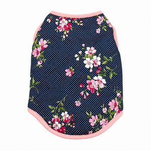Navy Floral-patterned dog puffer coat with pink flowers and white polka dots.