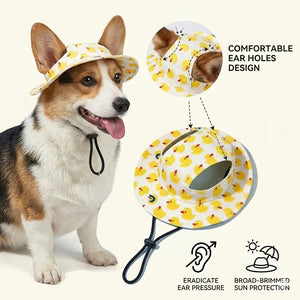 Dog wearing a sun hat with duck pattern and text highlighting features.