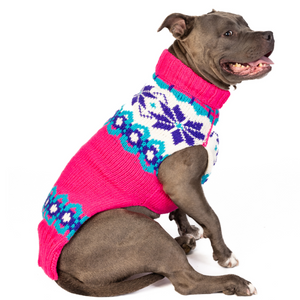 Pitbull wearing Elsa Dog Sweater with pink purple and turquoise hand-knit pattern