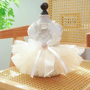 Fancy Bridal Dog Dress in off-white is adorned with gold lace, satin bow, pearl beading and layered tulle skirt