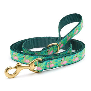  Up Country Flamingo Dog Collar features pink flamingos, green palm trees on aqua blue color. 