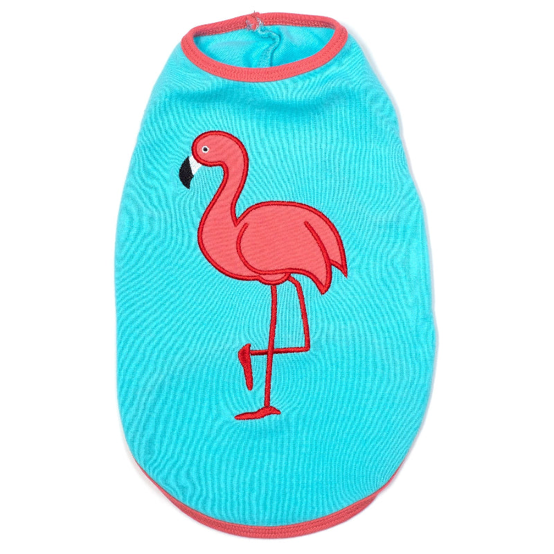 Blue pet shirt with a pink flamingo design on a white background