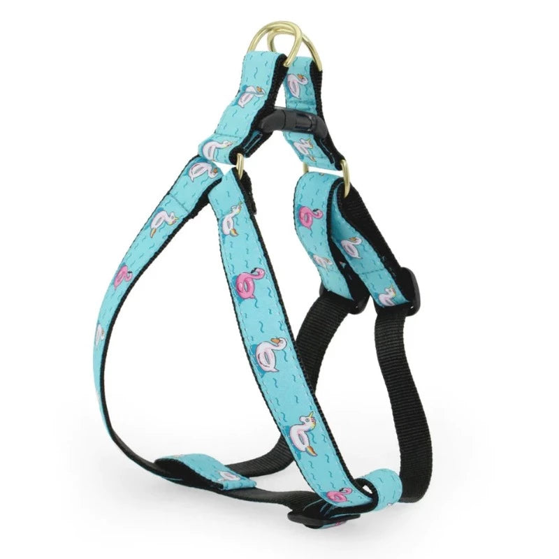 Up Country Floaties Dog Harness & Leash Matching Set features flamingo, swan and unicorn pool floats on an aqua water background.