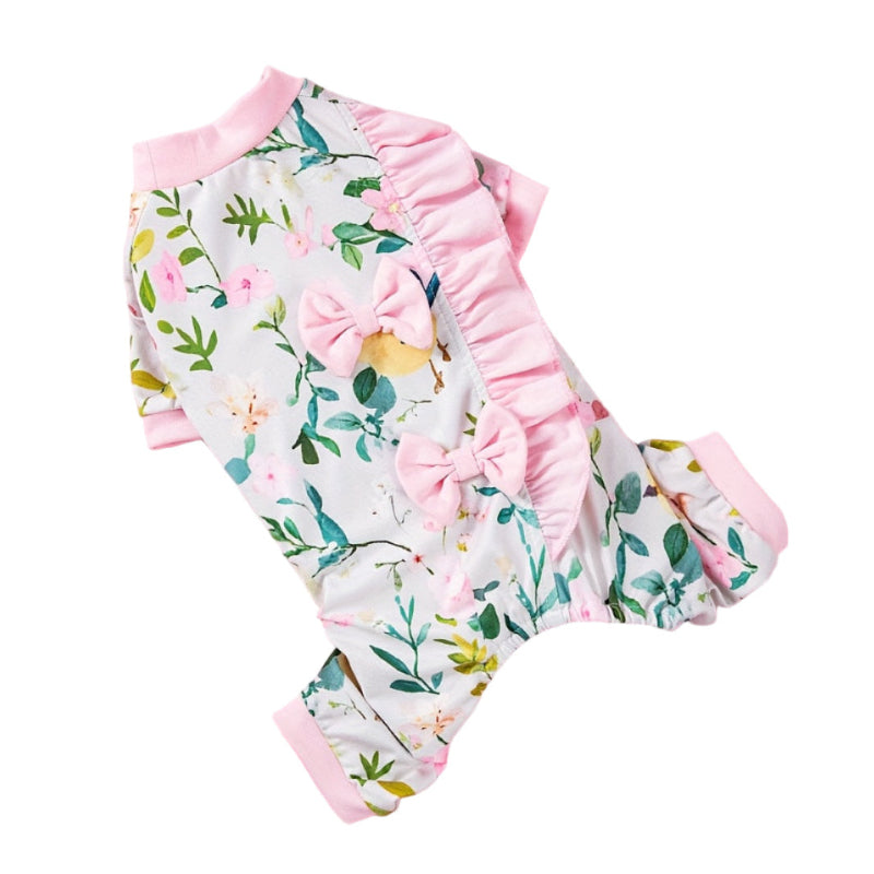 Floral & Pink Ruffled Bow Dog Romper