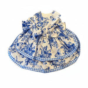 French Blue Toile Garden Dog Harness Dress & Leash Set
