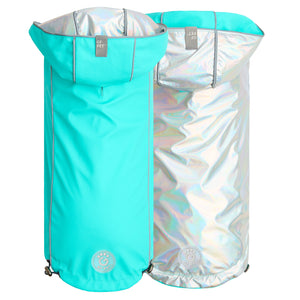 Reversible Dog Raincoat - Neon Aqua with Iridescent