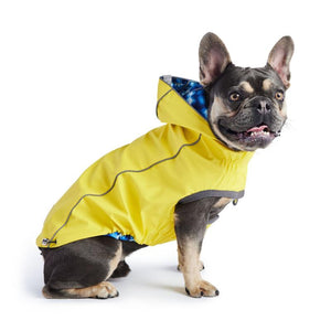 French Bulldog in Reversible Elasto-Fit Dog Raincoat - Yellow/Blue Tie Dye