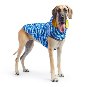 Great Dane in Reversible Elasto-Fit Dog Raincoat - Yellow/Blue Tie Dye