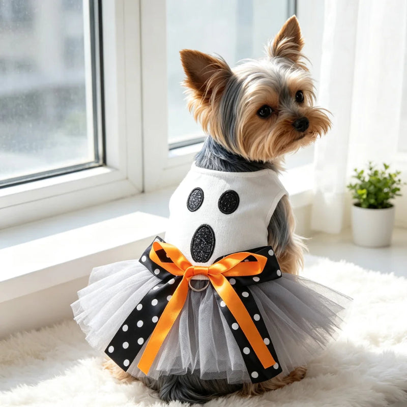 White ghost Halloween dog dress with grey tutu black polka dot bow and orange accents on mannequin
