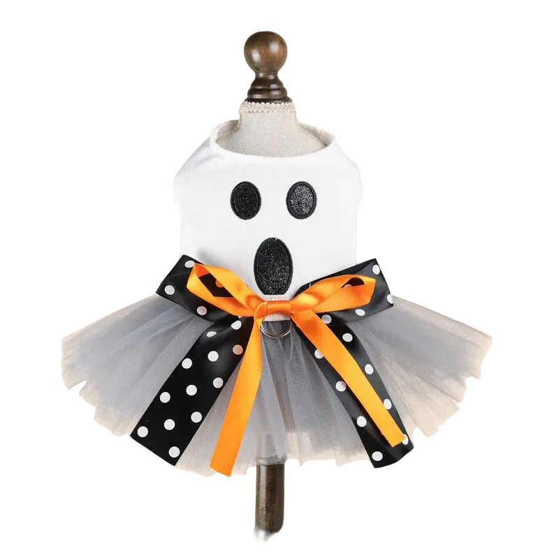 White ghost Halloween dog dress with grey tutu black polka dot bow and orange accents on mannequin