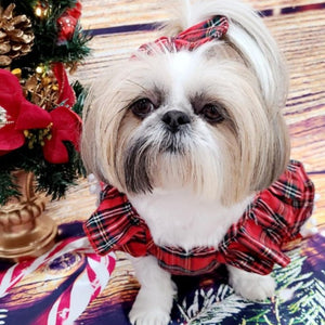 Christmas Plaid Dog Dress with Hair Bow