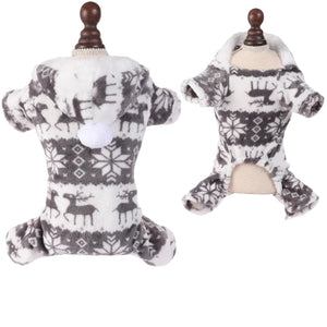 Gray dog pjs with deer and snowflake pattern on a mannequin
