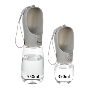 Two gray and clear portable pet water bottles shown on a white background, labeled 550ml and 350ml to indicate size.