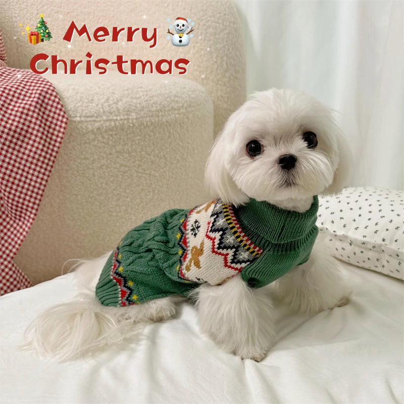 Green dog sweater with gingerbread man pattern on a white background