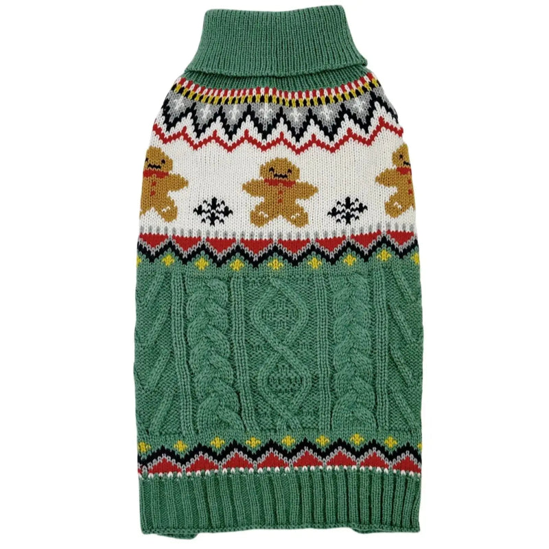 Green dog sweater with gingerbread man pattern on a white background