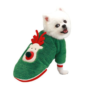 Pomeranian in Green Christmas Reindeer Plush Dog Sweatshirt