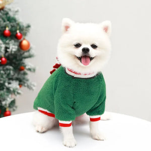 Pomeranian in Green Christmas Reindeer Plush Dog Sweatshirt