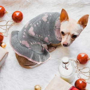 Chihuahua in Grey-Pink Heart Hooded Dog Sweater Dress