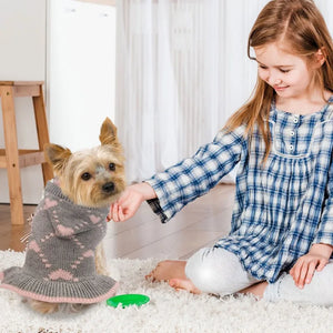 Yorkie in Grey-Pink Heart Hooded Dog Sweater Dress