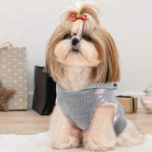 Shih Tzu in Grey-Pink Heart Hooded Dog Sweater Dress