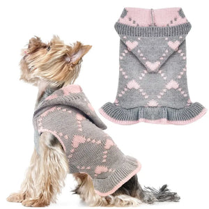 Grey-Pink Heart Hooded Dog Sweater Dress