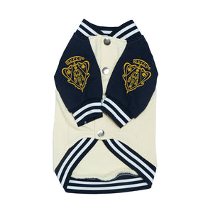 A small dog varsity jacket with navy blue sleeves and collar, cream body, and gold embroidered patches on the shoulders, shown on a plain white background.