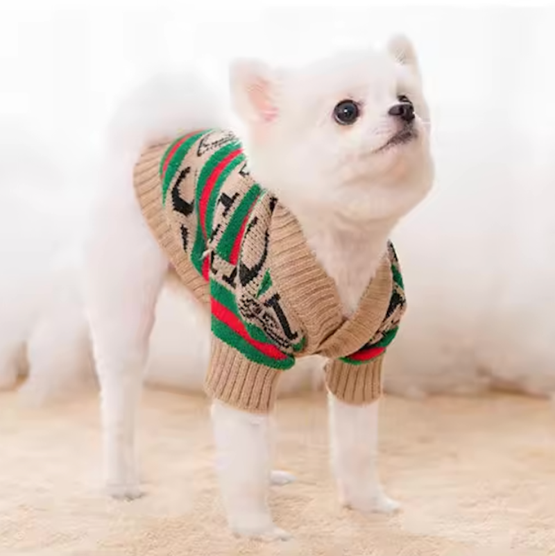 Designer Inspired Gucci Dog Sweater is Beighe with green and red stripes