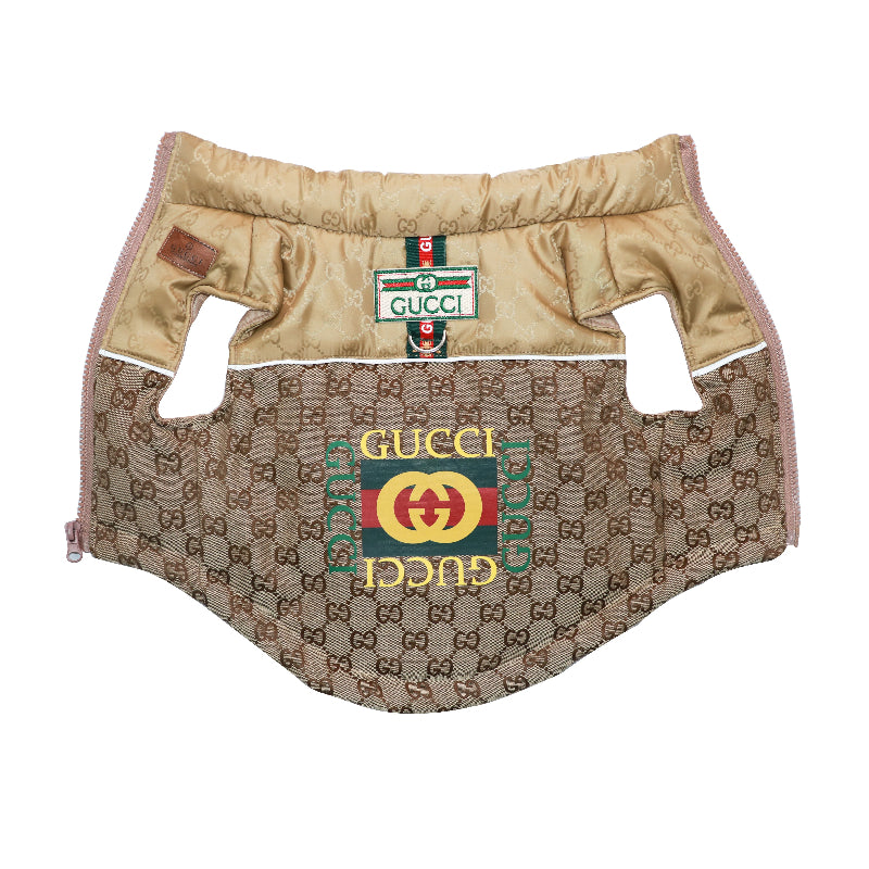 Gucci dog coat brown canvas with beige lining, featuring the classic green and red logo stripes. hown on a white background.