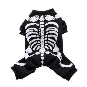 Skeleton dog costume is black with white bones