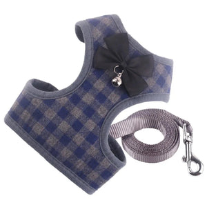 Blue Checked Tuxedo Vest Bow Tie Dog Harness & Leash Set